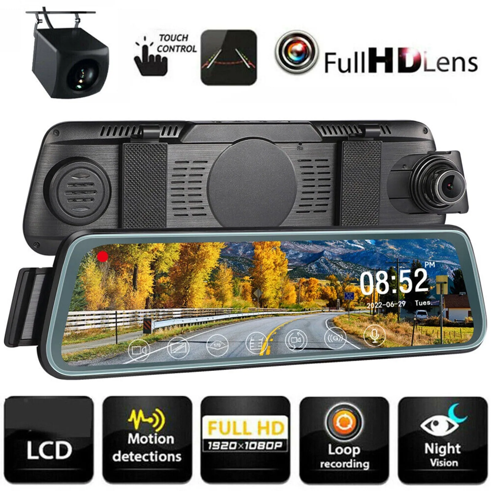 1080P High-Definition Car Dvr Front Rear Dual Dash Cam 10-Inch