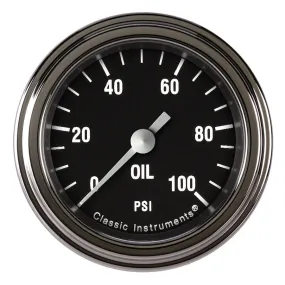 Classic Instruments Hot Rod Oil Pressure Gauge - 0-100 psi - Full Sweep - 2-1/8 in Diameter - Low Step Stainless Bezel - Black Face