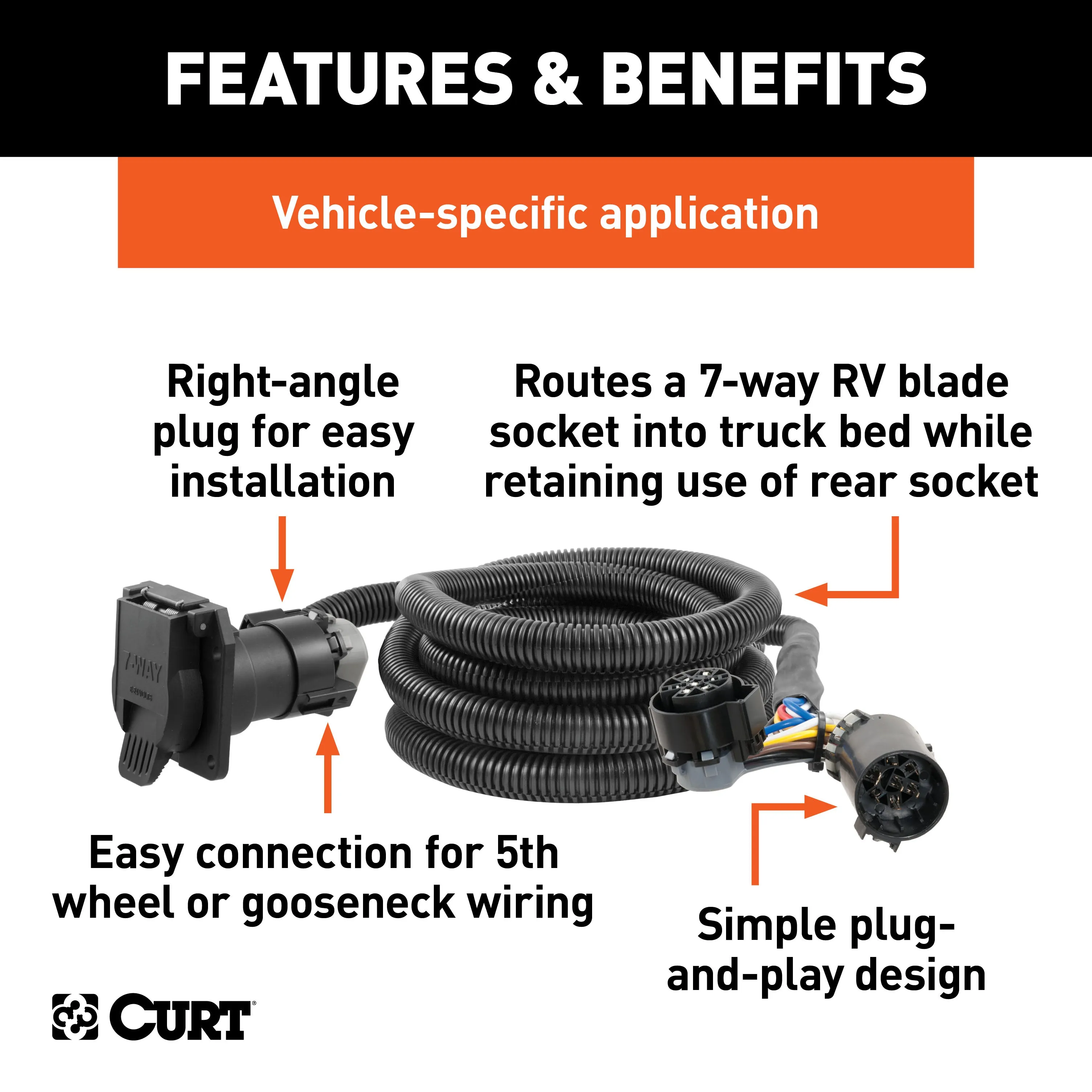 CURT 56000 10ft. Custom Wiring Extension Harness (Adds 7-Way RV Blade to Truck Bed)