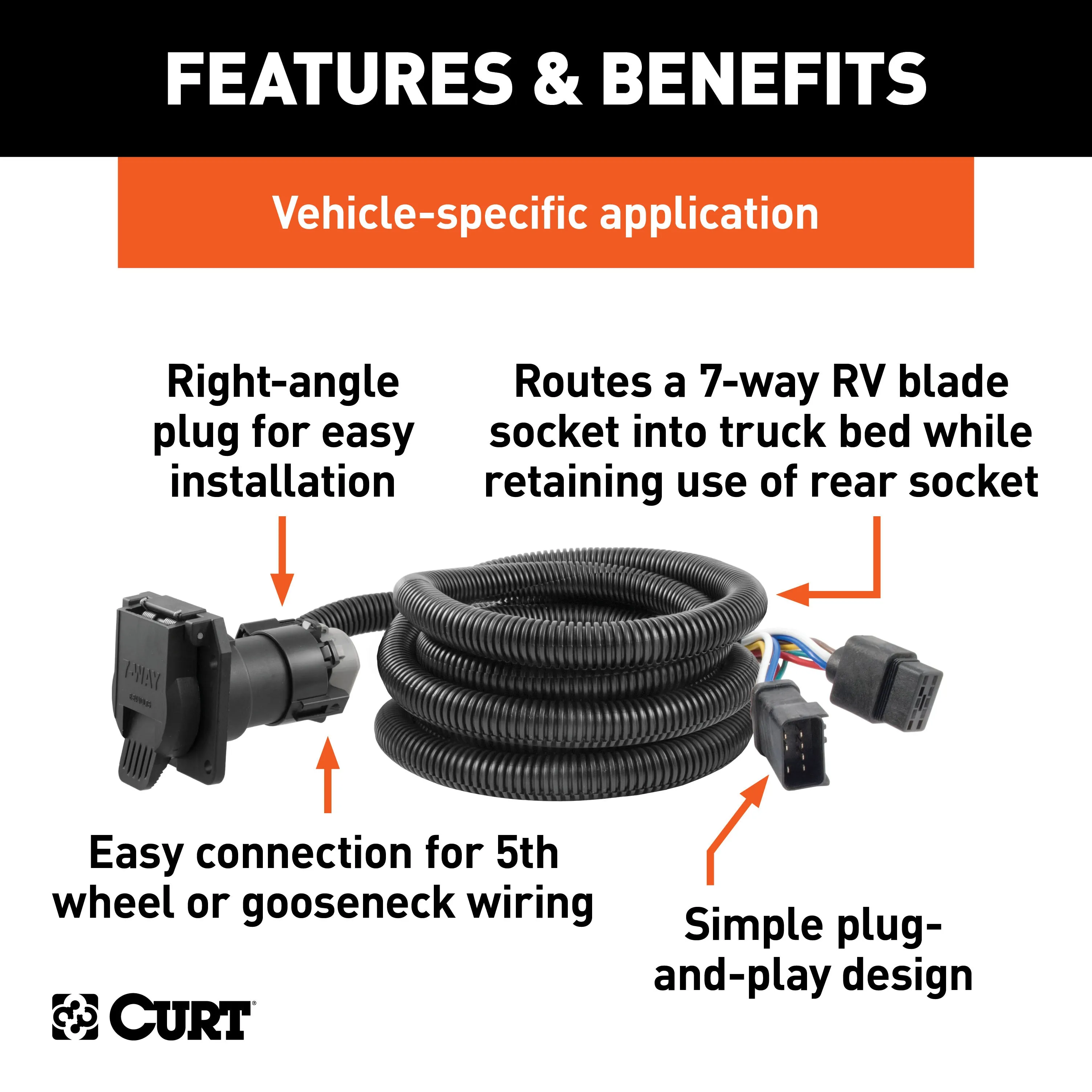 CURT 56001 10ft. Custom Wiring Extension Harness (Adds 7-Way RV Blade to Truck Bed)