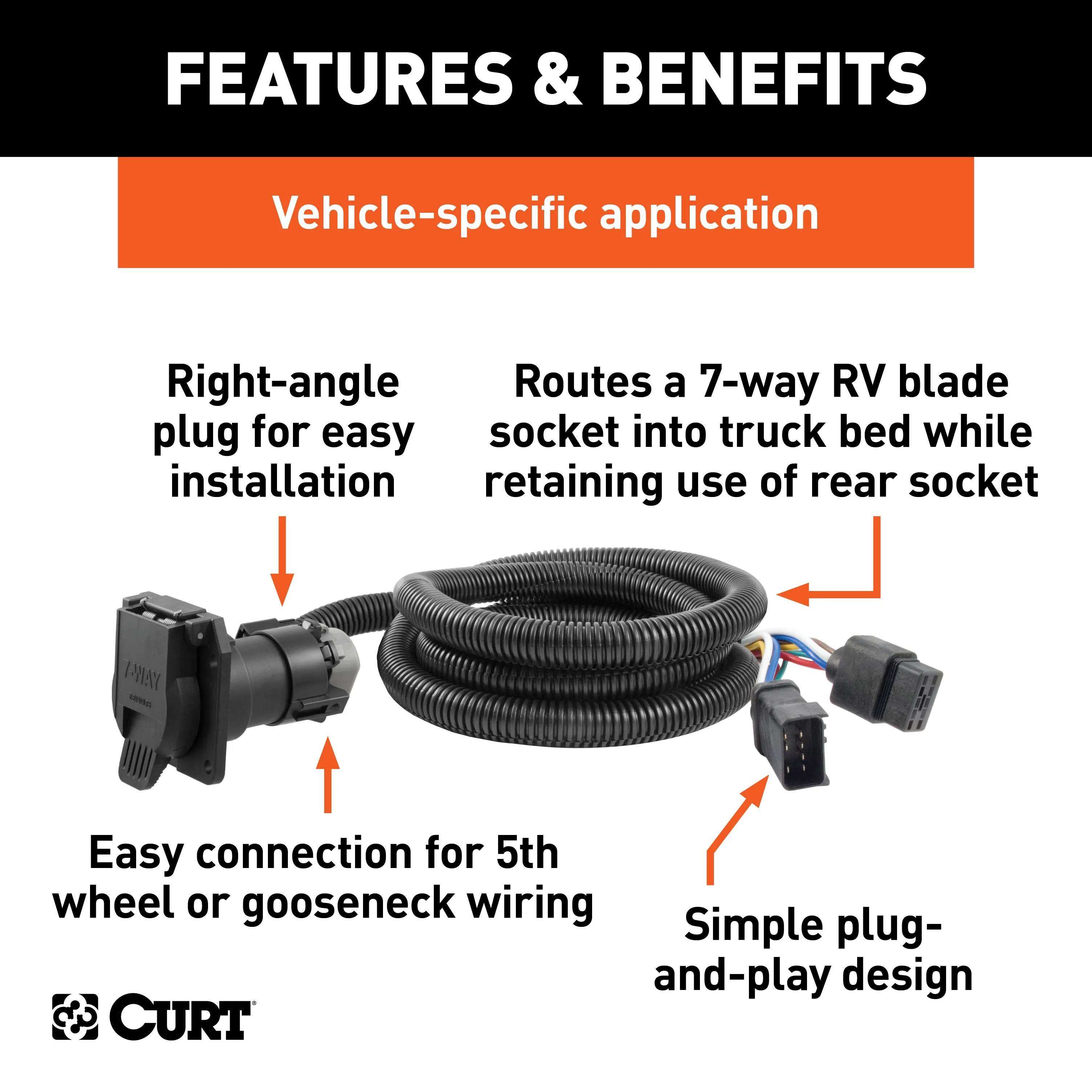 CURT 56071 7ft. Custom Wiring Extension Harness (Adds 7-Way RV Blade to Truck Bed)