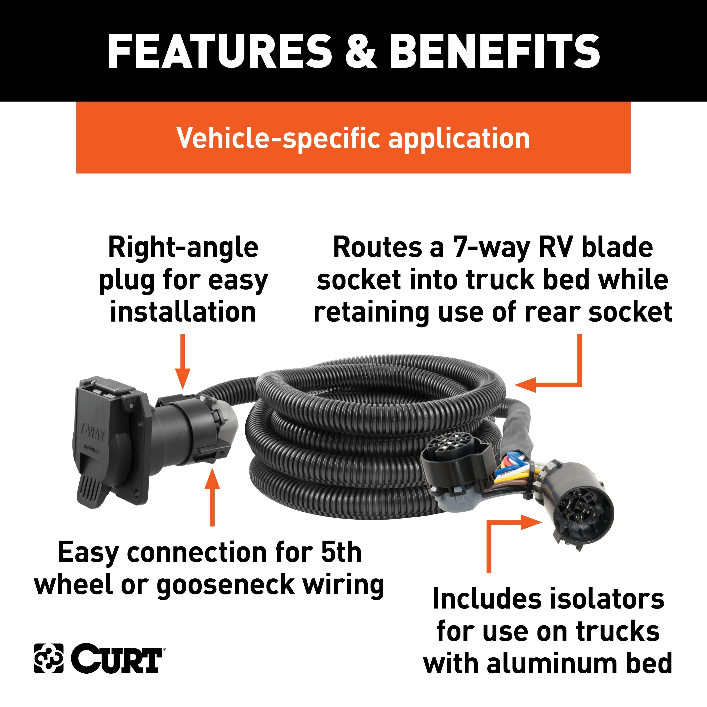 CURT 57010 10ft. Custom Wiring Extension Harness (Adds 7-Way RV Blade to Truck Bed; Package