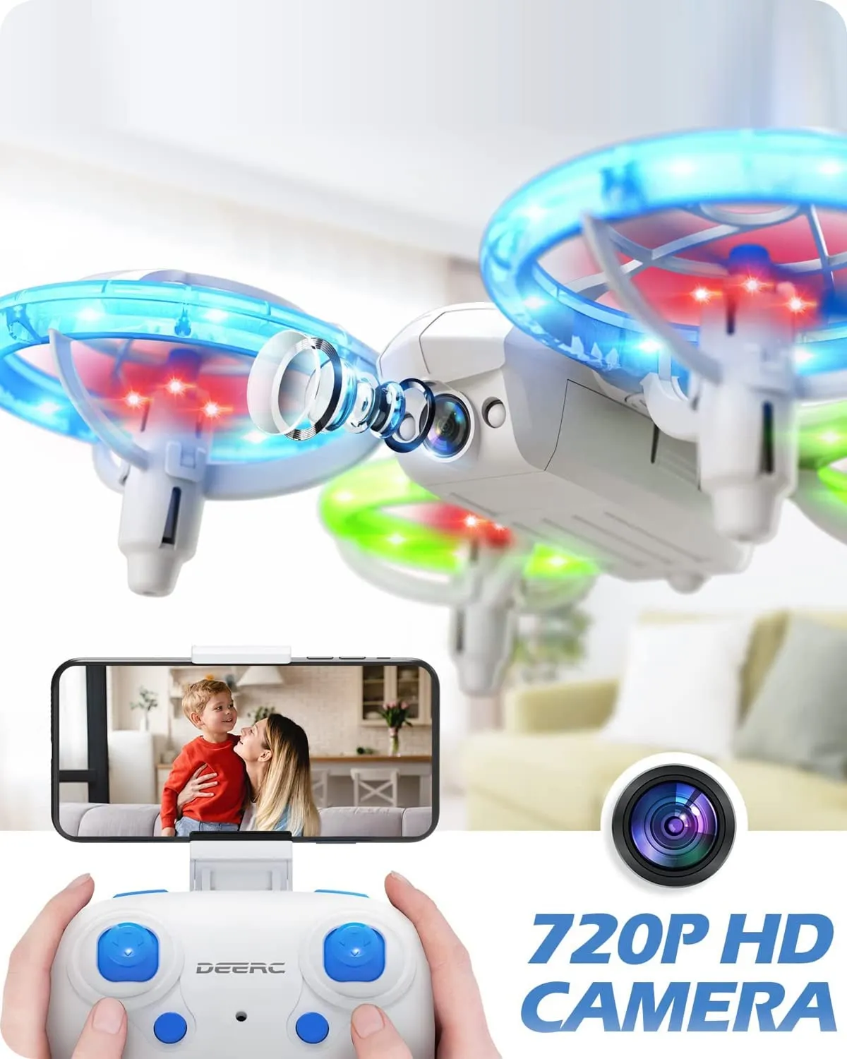 D23 DEERC Drones for Kids Beginners, LED RC Mini Drone with Altitude Hold, Headless Mode, Quadcopter with 720P HD FPV WiFi Camera, Propeller Full Protect, Easy to use Kids Gifts Toys for Boys, Girls