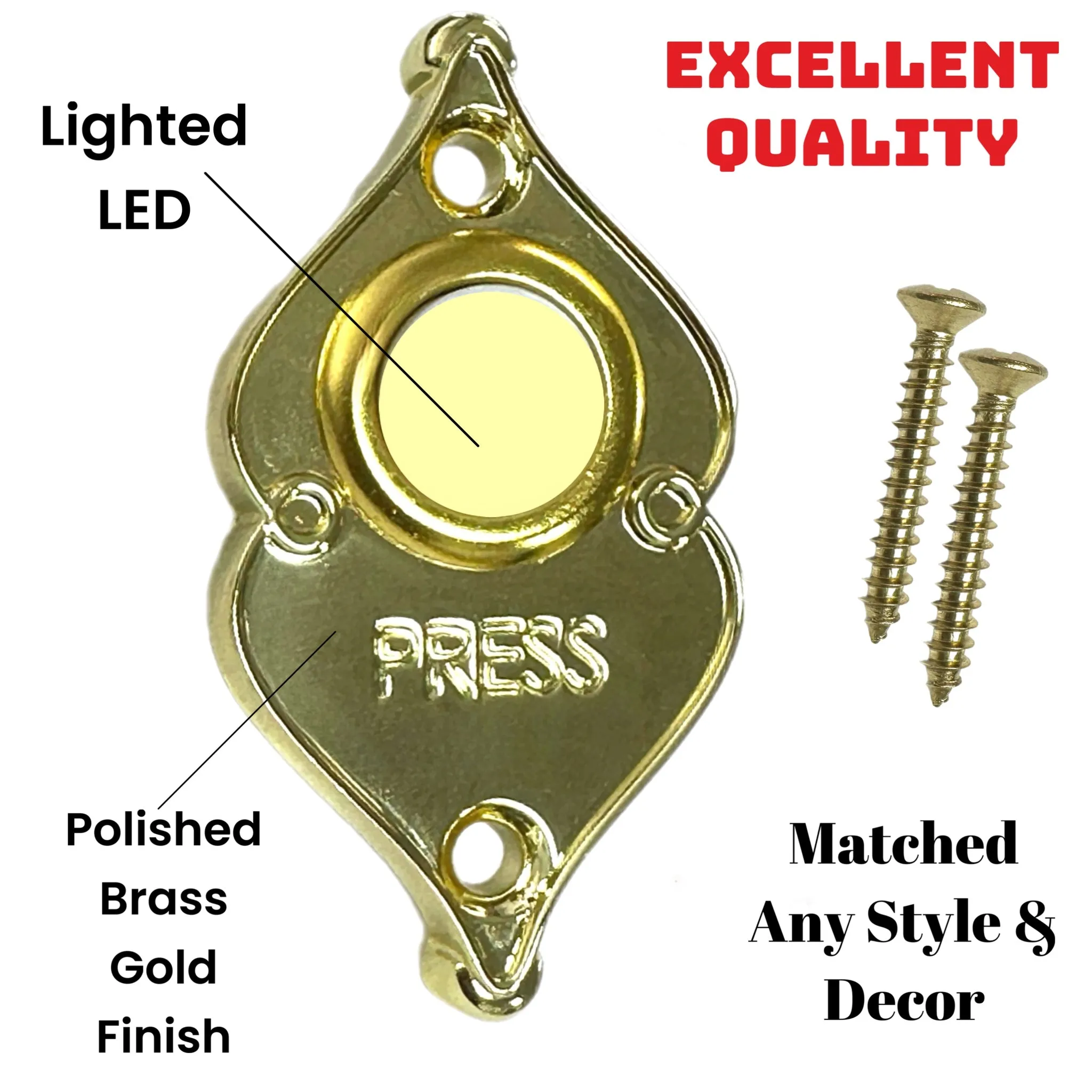 Doorbell Push Button Gold Finish LED Lighted Heavy Duty Metal Wired Button Wall Mounted Doorbell Home Front Door Garage Office Press Button Replace Old Doorbell Push Button Easily (Gold Finish 3 PK)