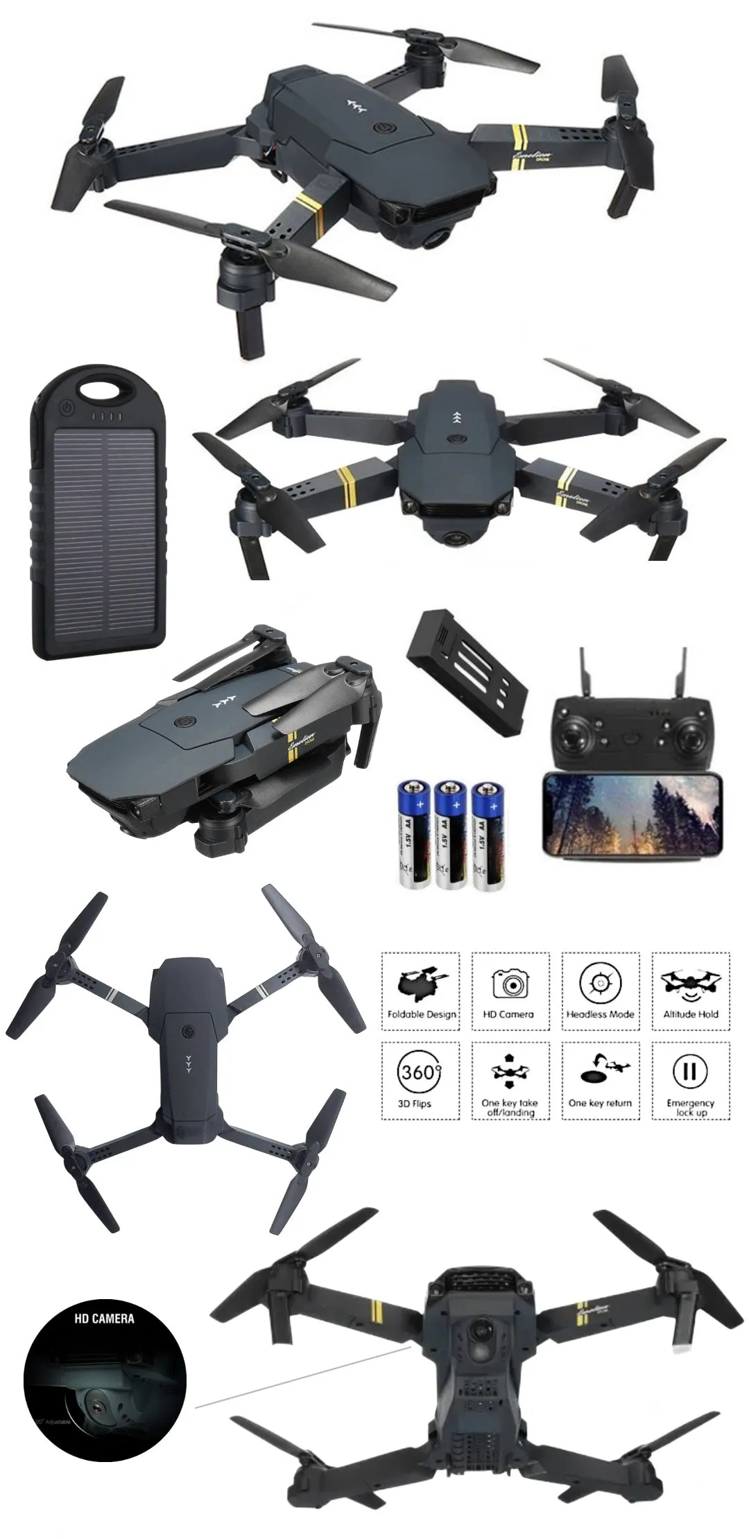 Foldable Pro 4k Micro Drone Kit - Includes Power Bank and AA Batteries For Remote