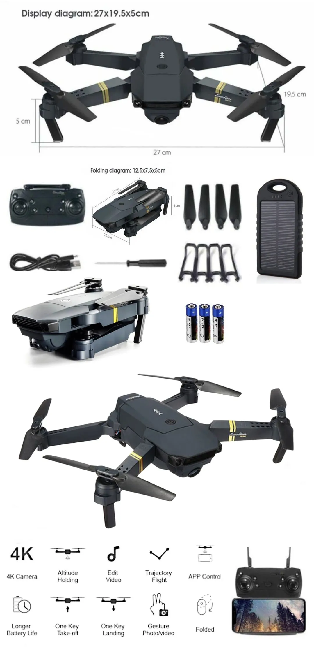 Foldable Pro 4k Micro Drone Kit - Includes Power Bank and AA Batteries For Remote