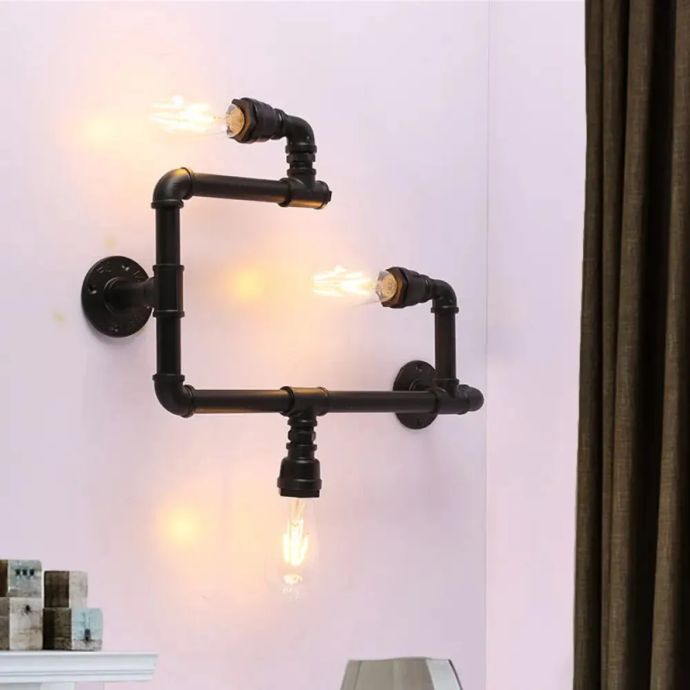 Industrial Twisted Pipe Wall Sconce - 3-Head Iron Wall Mounted Light Fixture in Black, Ideal for Restaurants