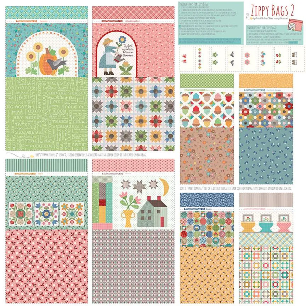 KIT, Calico Zippy Bags Panel & Happy Zippers 2 by Lori Holt