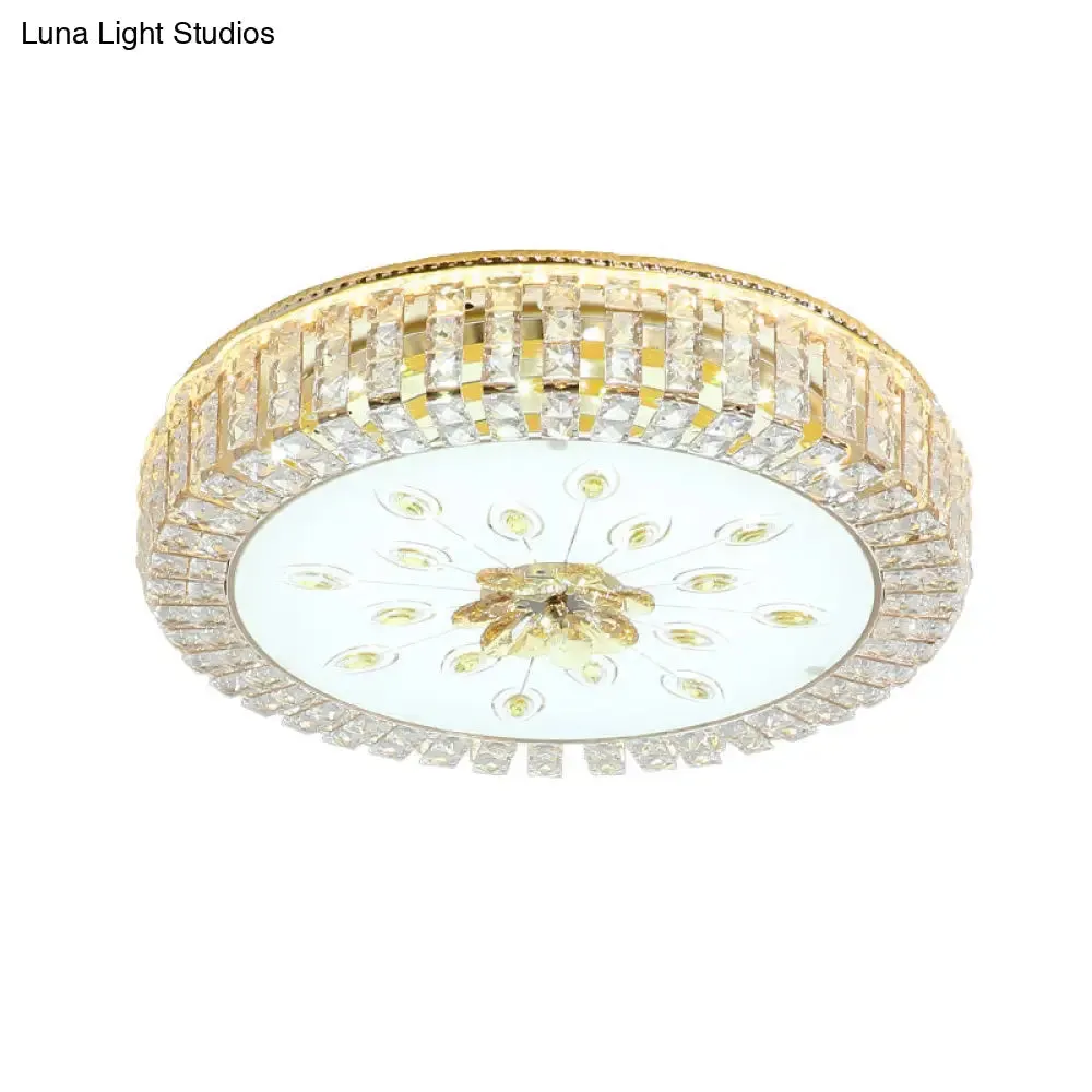 Modern LED Crystal Drum Ceiling Lamp with Flush Mount in Gold Finish for Bedrooms