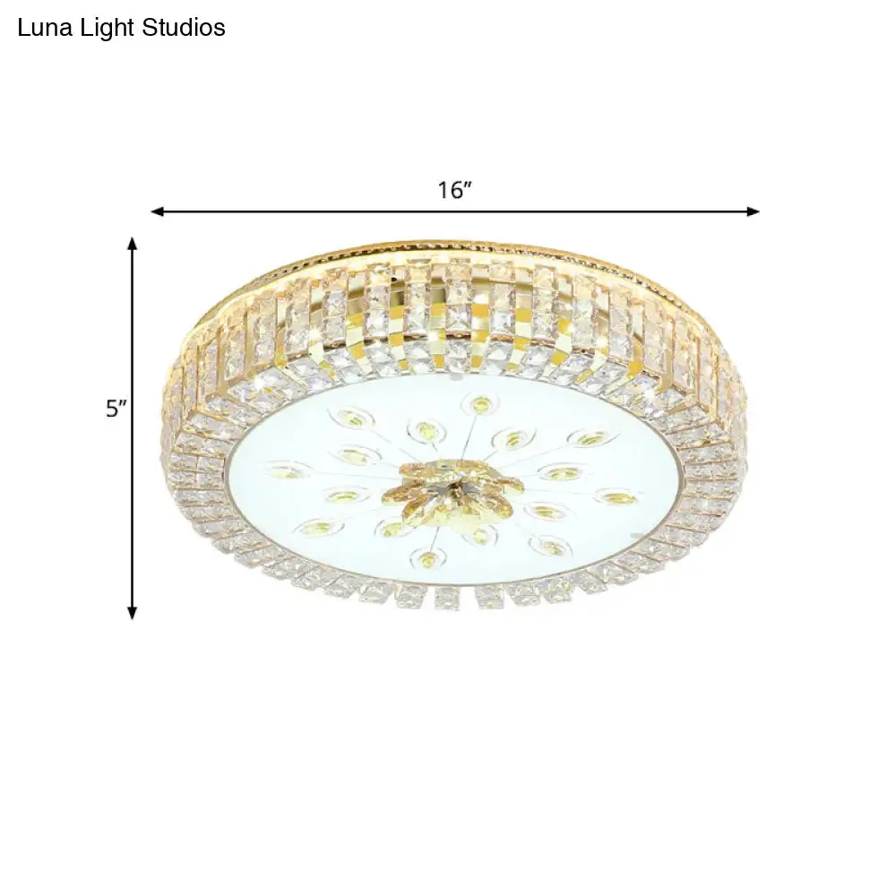 Modern LED Crystal Drum Ceiling Lamp with Flush Mount in Gold Finish for Bedrooms