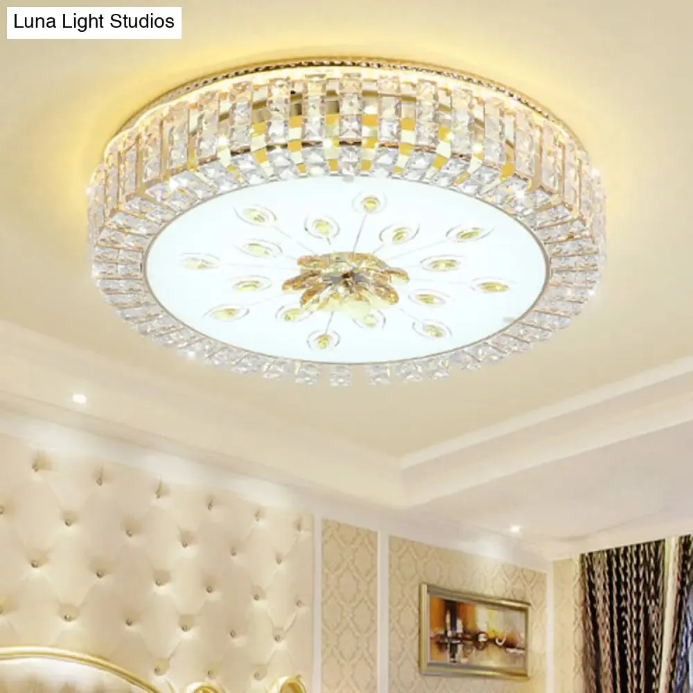 Modern LED Crystal Drum Ceiling Lamp with Flush Mount in Gold Finish for Bedrooms