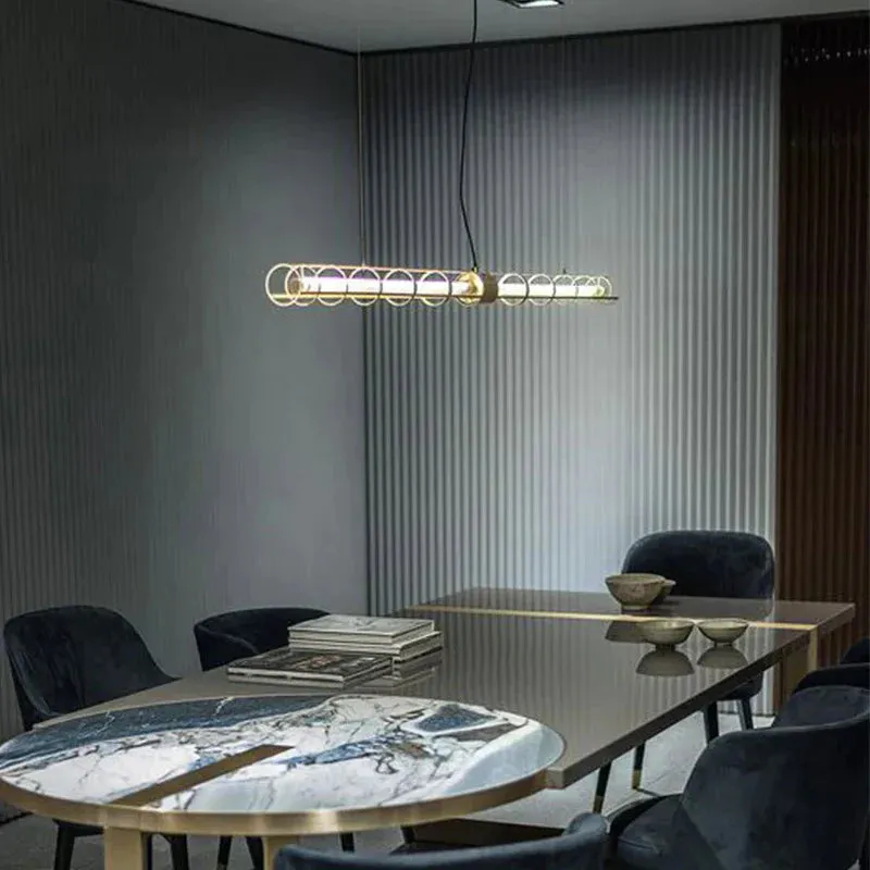 Modern Simple Light Luxury Stainless Steel Round Tube Dining Table Strip Chandelier