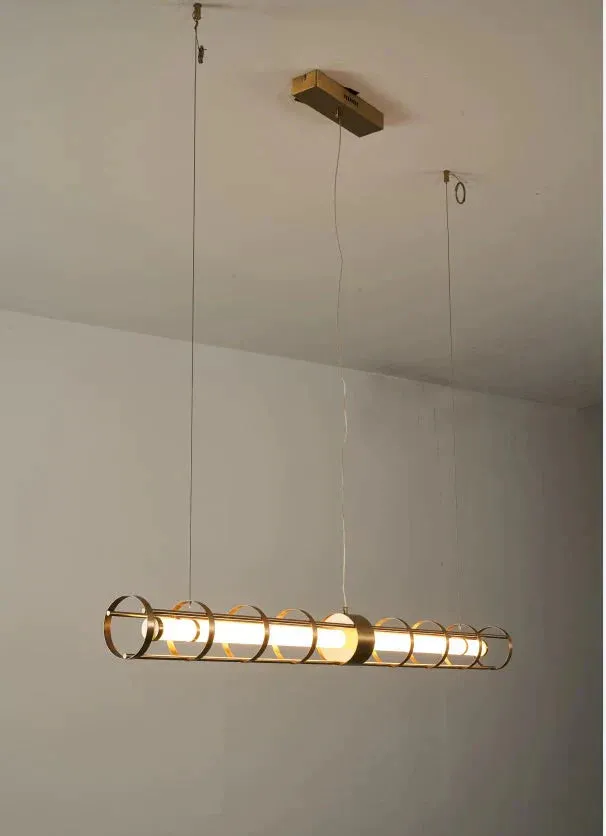 Modern Simple Light Luxury Stainless Steel Round Tube Dining Table Strip Chandelier