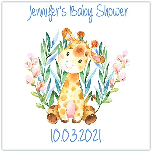 Personalised Baby Shower Party Stickers for Favours Party Bags Giraffe Blue Boy