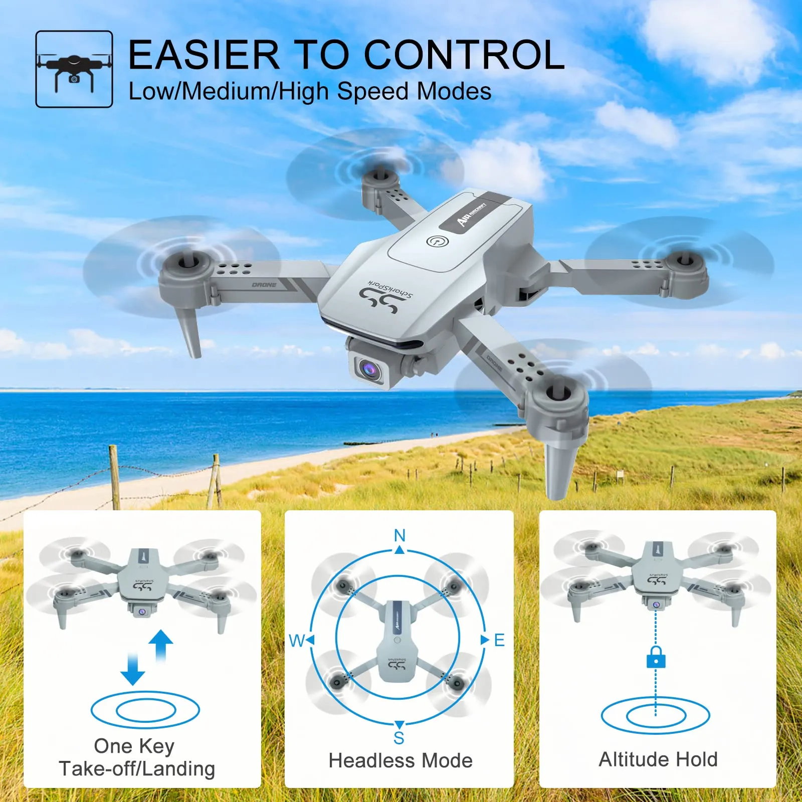 ScharkSpark Drone with 2K HD FPV Dual Camera for Adults and Kids, Mini RC Drone with 3D Flips/Altitude Hold/Headless Mode/Gesture Selfie/Waypoint Flight, 2 Batteries and Case, Gifts for Boys and Girls