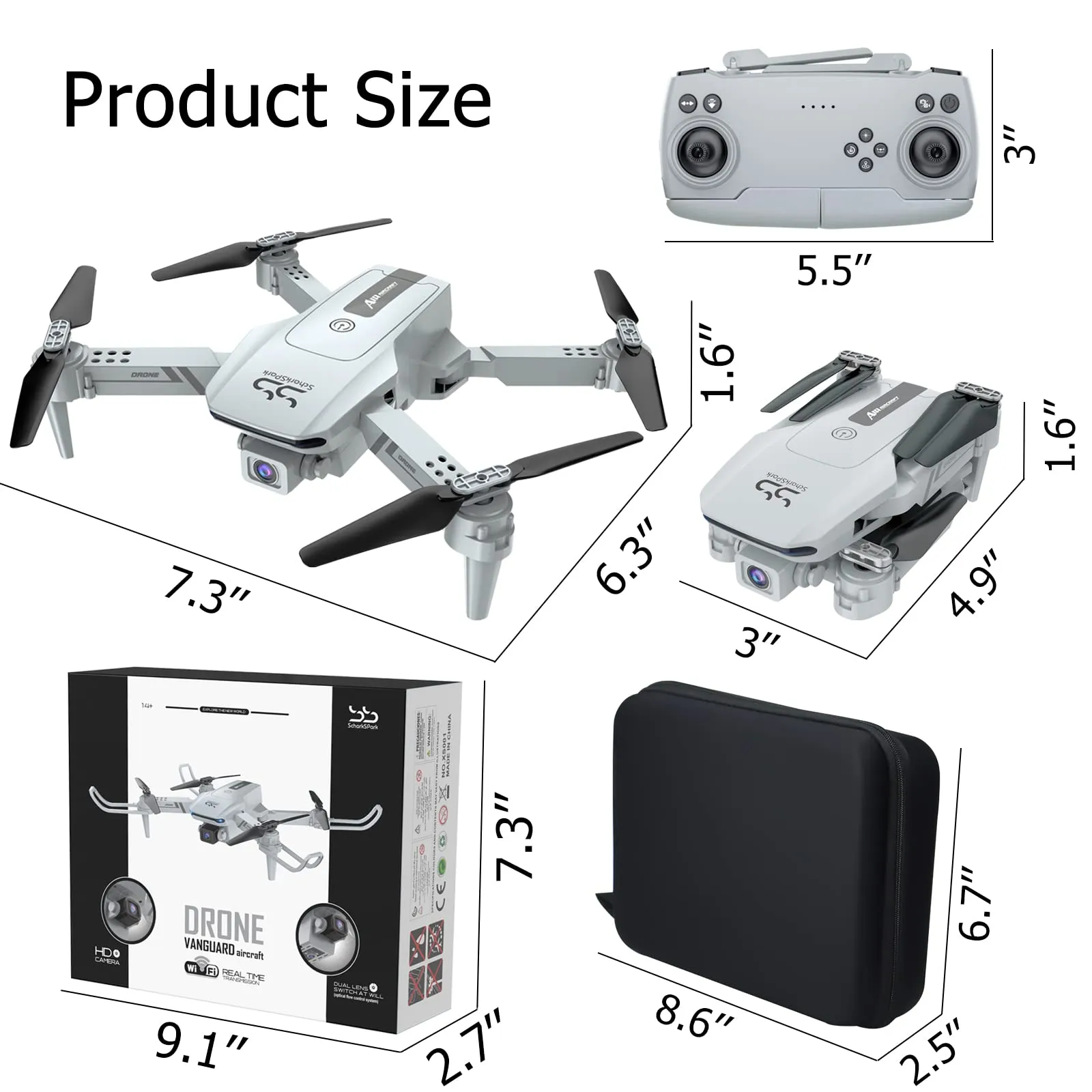 ScharkSpark Drone with 2K HD FPV Dual Camera for Adults and Kids, Mini RC Drone with 3D Flips/Altitude Hold/Headless Mode/Gesture Selfie/Waypoint Flight, 2 Batteries and Case, Gifts for Boys and Girls