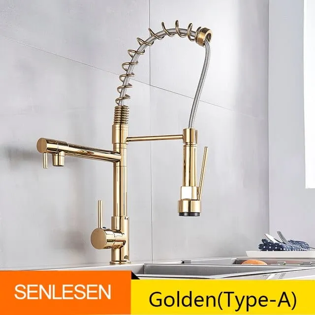 Senlesen Certified Commercial Heavy-duty LED Light Spring Pull Down Kitchen Sink Faucet Tap with Dual Spout Deck Mounted