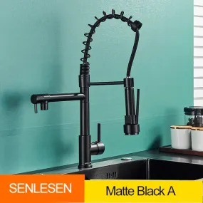 Senlesen Certified Commercial Heavy-duty LED Light Spring Pull Down Kitchen Sink Faucet Tap with Dual Spout Deck Mounted