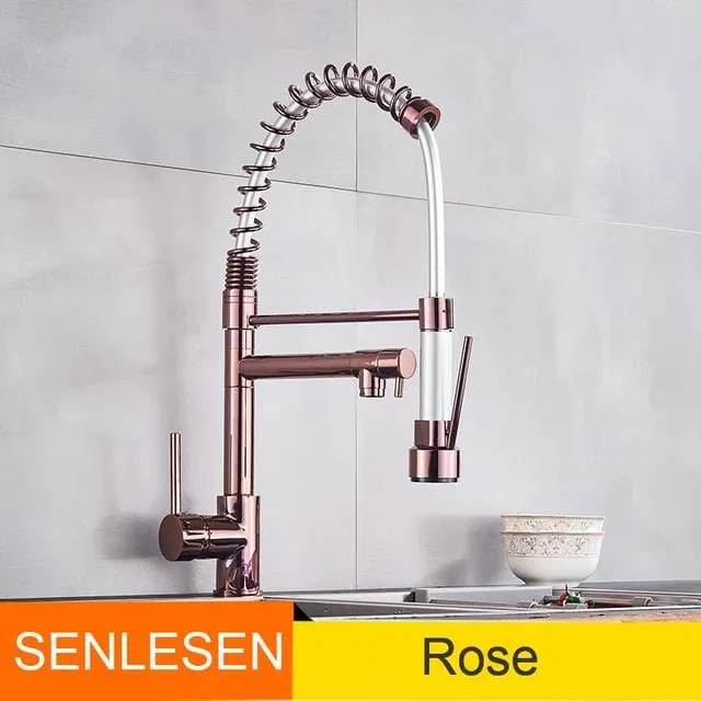 Senlesen Certified Commercial Heavy-duty LED Light Spring Pull Down Kitchen Sink Faucet Tap with Dual Spout Deck Mounted