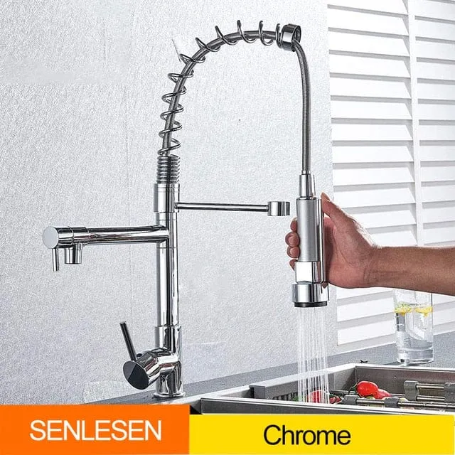 Senlesen Certified Commercial Heavy-duty LED Light Spring Pull Down Kitchen Sink Faucet Tap with Dual Spout Deck Mounted
