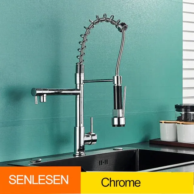 Senlesen Certified Commercial Heavy-duty LED Light Spring Pull Down Kitchen Sink Faucet Tap with Dual Spout Deck Mounted
