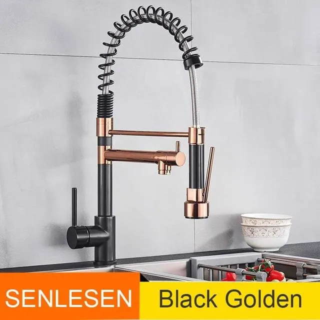 Senlesen Certified Commercial Heavy-duty LED Light Spring Pull Down Kitchen Sink Faucet Tap with Dual Spout Deck Mounted