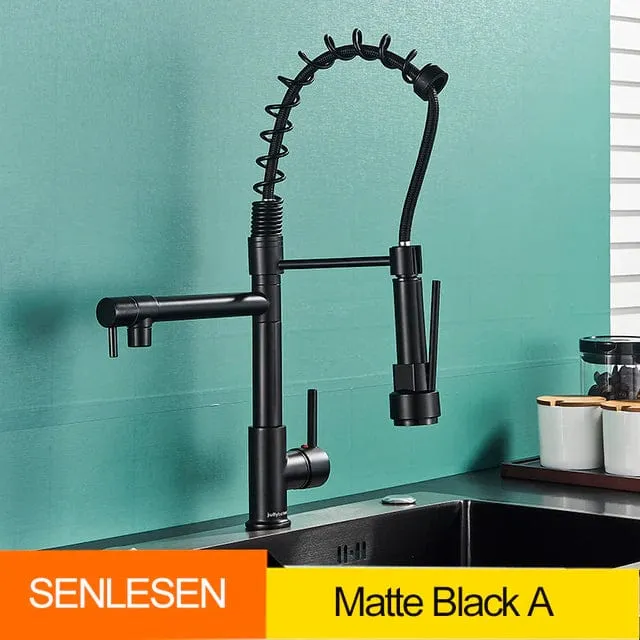 Senlesen Certified Commercial Heavy-duty LED Light Spring Pull Down Kitchen Sink Faucet Tap with Dual Spout Deck Mounted