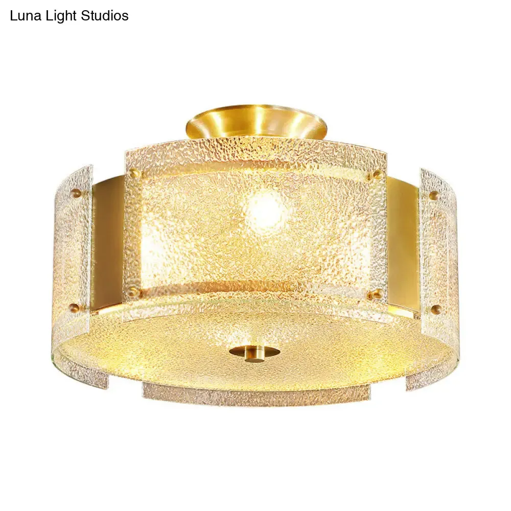 Traditional Brass Drum Semi Flush Mount Lamp with Textured Glass - 4-Head Ceiling Light for Living Room
