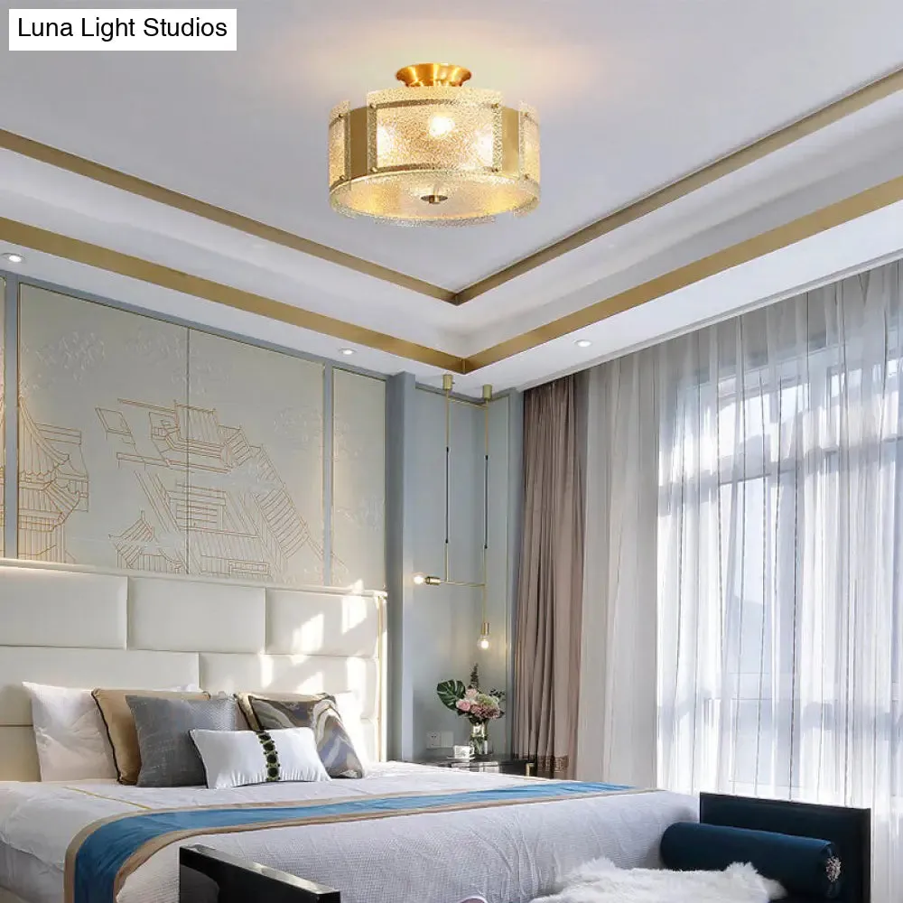Traditional Brass Drum Semi Flush Mount Lamp with Textured Glass - 4-Head Ceiling Light for Living Room