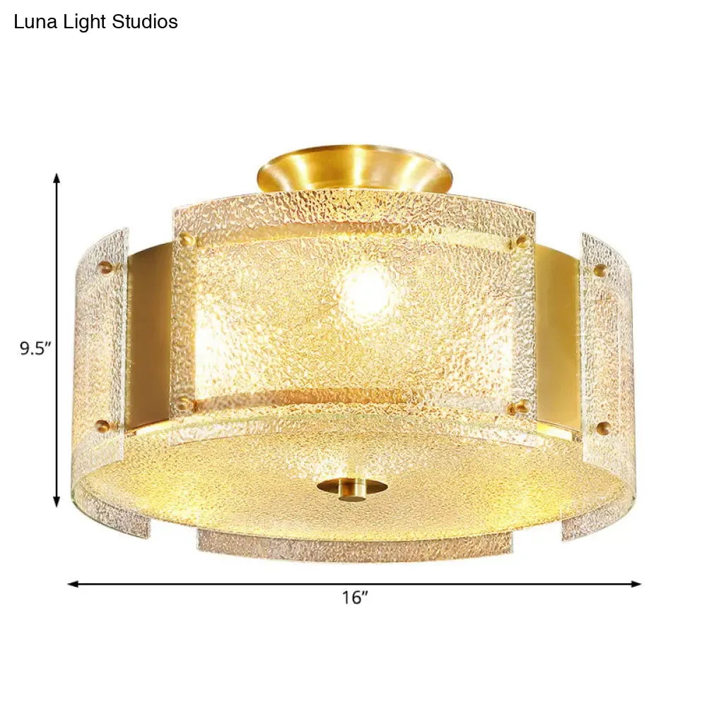 Traditional Brass Drum Semi Flush Mount Lamp with Textured Glass - 4-Head Ceiling Light for Living Room