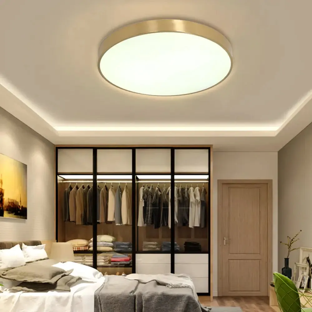 Ultra Thin Modern Brass LED Flush Mount Light, 12"/16"/19.5" Dia, Acrylic Diffuser, Warm/White, for Bedroom Ceilings