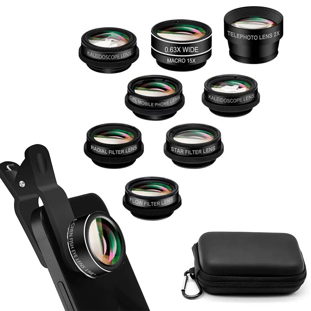 [Upgrade]Phone Lens Kit 10 in 1 Phone Camera Lens,Zoom Lens 198° Fisheye  0.63X Super Wide-Angle   15X Macro Lens   CPL  Kaleidoscope Lens  Starburst Flowing water for iPhone Samsung Android (10 in 1)