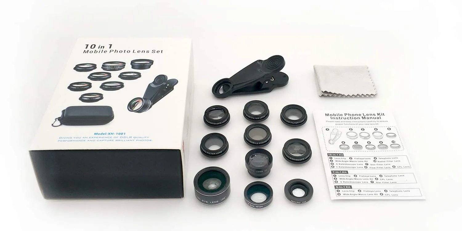 [Upgrade]Phone Lens Kit 10 in 1 Phone Camera Lens,Zoom Lens 198° Fisheye  0.63X Super Wide-Angle   15X Macro Lens   CPL  Kaleidoscope Lens  Starburst Flowing water for iPhone Samsung Android (10 in 1)