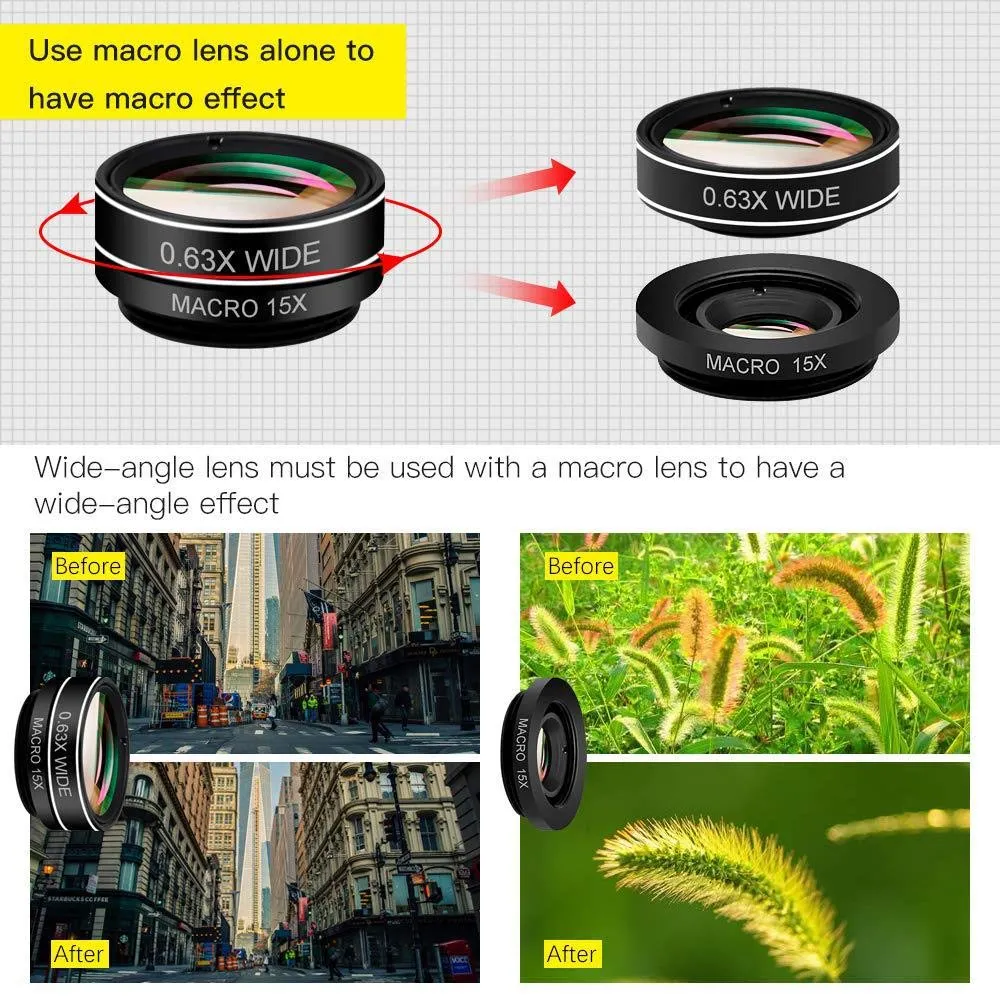 [Upgrade]Phone Lens Kit 10 in 1 Phone Camera Lens,Zoom Lens 198° Fisheye  0.63X Super Wide-Angle   15X Macro Lens   CPL  Kaleidoscope Lens  Starburst Flowing water for iPhone Samsung Android (10 in 1)