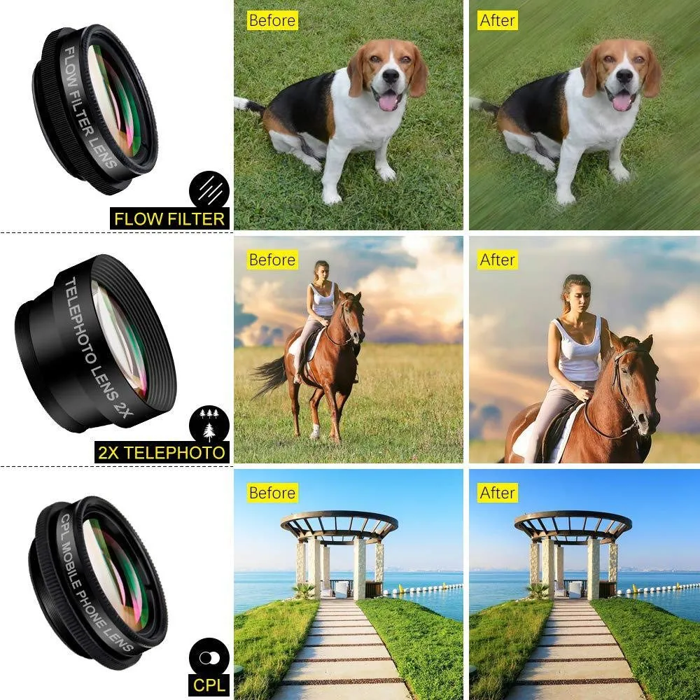 [Upgrade]Phone Lens Kit 10 in 1 Phone Camera Lens,Zoom Lens 198° Fisheye  0.63X Super Wide-Angle   15X Macro Lens   CPL  Kaleidoscope Lens  Starburst Flowing water for iPhone Samsung Android (10 in 1)