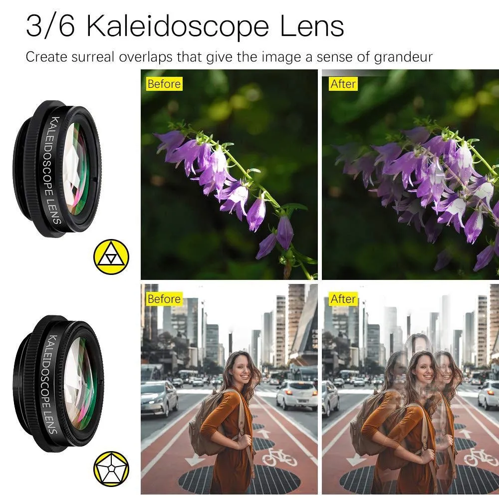 [Upgrade]Phone Lens Kit 10 in 1 Phone Camera Lens,Zoom Lens 198° Fisheye  0.63X Super Wide-Angle   15X Macro Lens   CPL  Kaleidoscope Lens  Starburst Flowing water for iPhone Samsung Android (10 in 1)