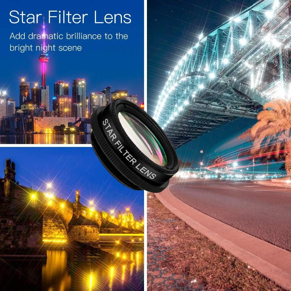 [Upgrade]Phone Lens Kit 10 in 1 Phone Camera Lens,Zoom Lens 198° Fisheye  0.63X Super Wide-Angle   15X Macro Lens   CPL  Kaleidoscope Lens  Starburst Flowing water for iPhone Samsung Android (10 in 1)