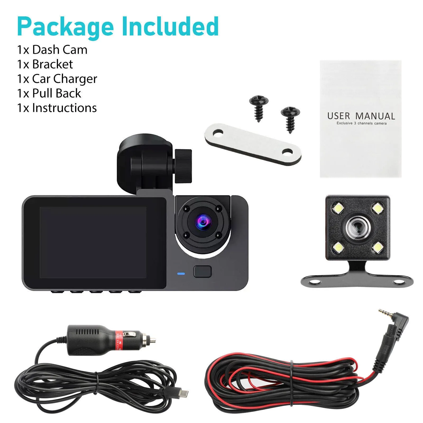 Y15 Car Dvr Dash Cam 3 Cameras Ips Hd 1080p Wide Angle Video