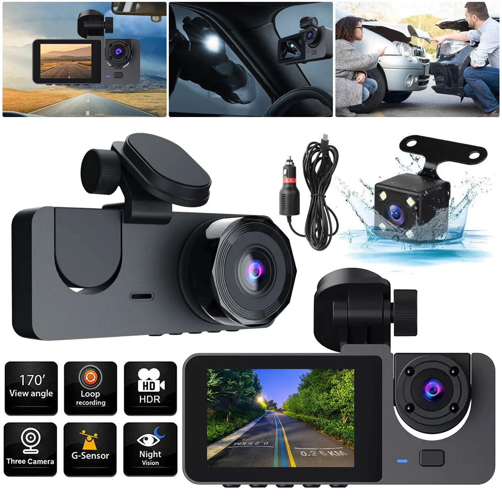 Y15 Car Dvr Dash Cam 3 Cameras Ips Hd 1080p Wide Angle Video